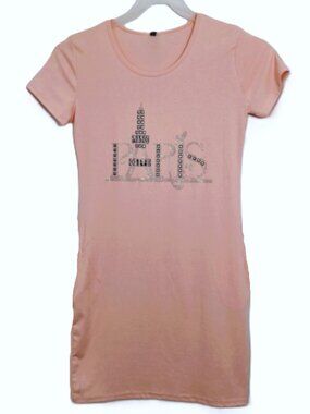 3R Fashion Stretch Cotton T-Shirt Pink Dress Sz L Metallic Embellishment Pockets